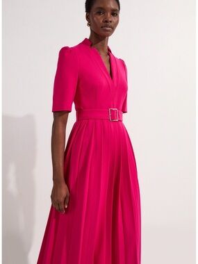 Karen Millen Forever Tailored Structured Crepe Pleat Belted Midi Dress Size 2